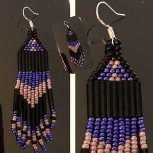 Hand Woven Glass Beaded Earrings Purple, Pink and Black